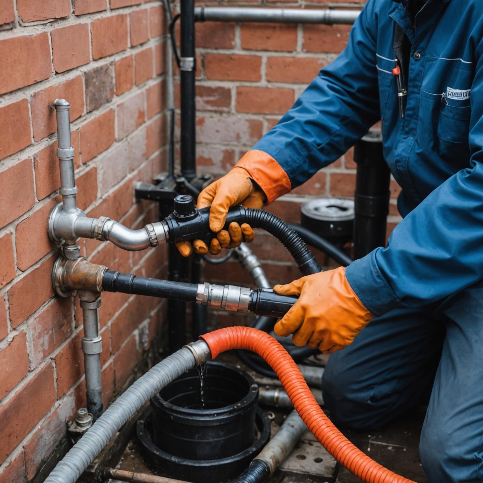 Technician performing drain cleaning with professional equipment