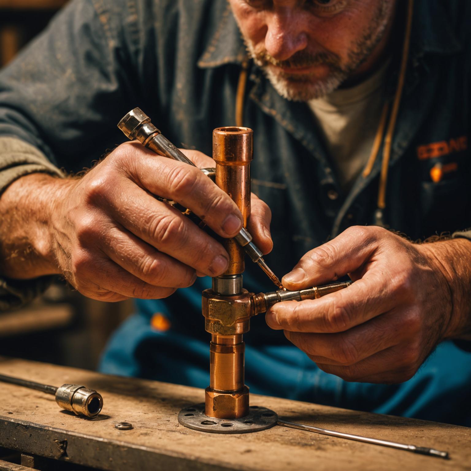 Close-up of copper pipe fitting during maintenance