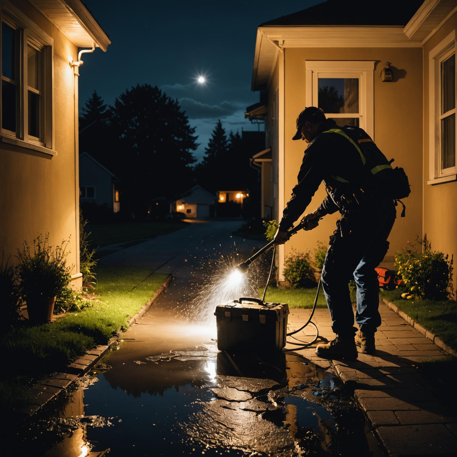 Emergency plumber responding to a water leak at night